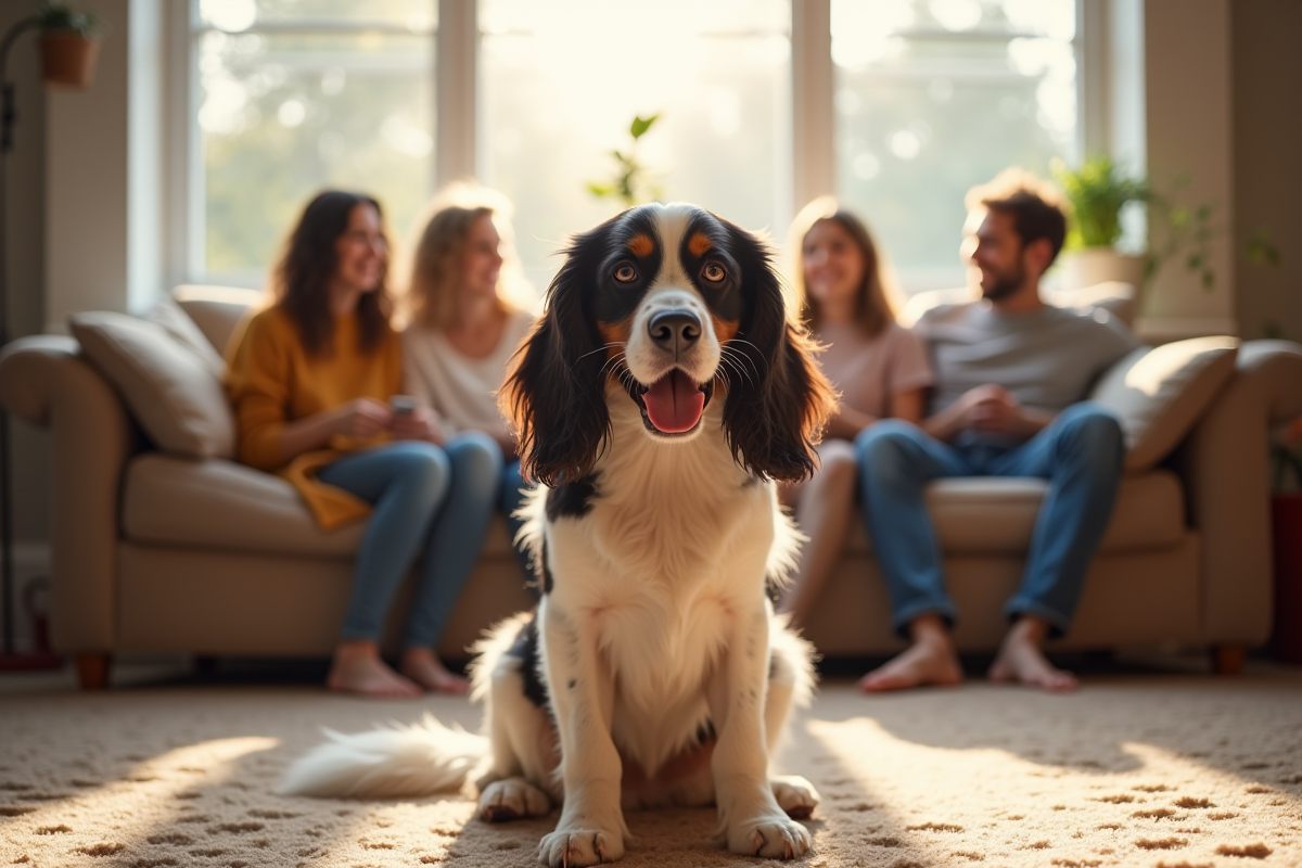 Chien Springer Spaniel heureux dans un salon chaleureux