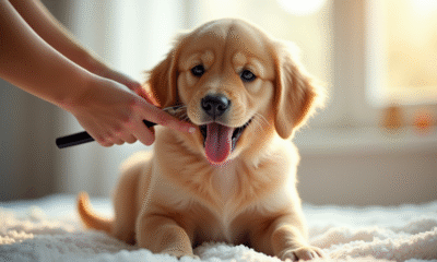Chiot golden retriever brossé sur une serviette blanche