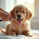 Chiot golden retriever brossé sur une serviette blanche