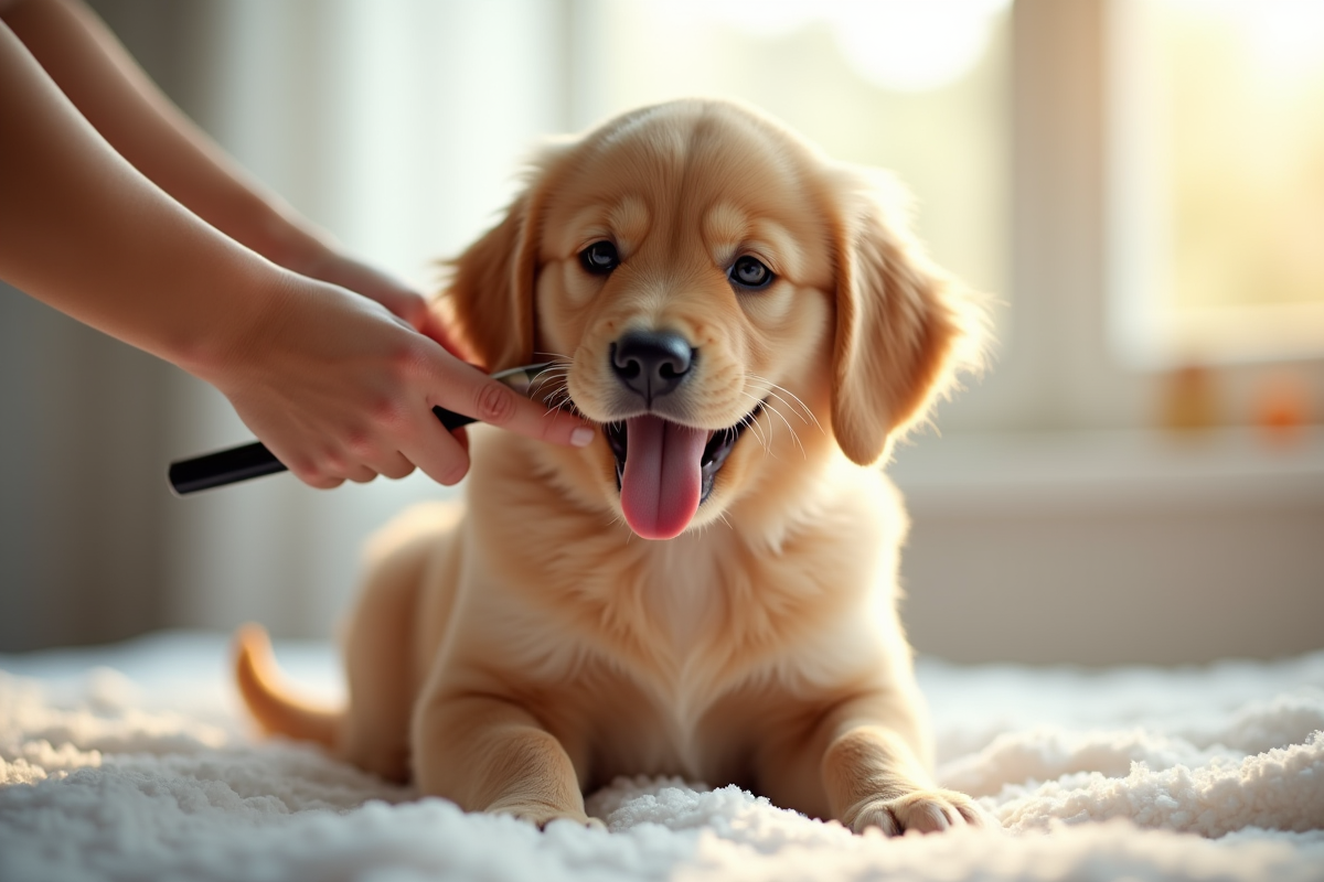 Chiot golden retriever brossé sur une serviette blanche