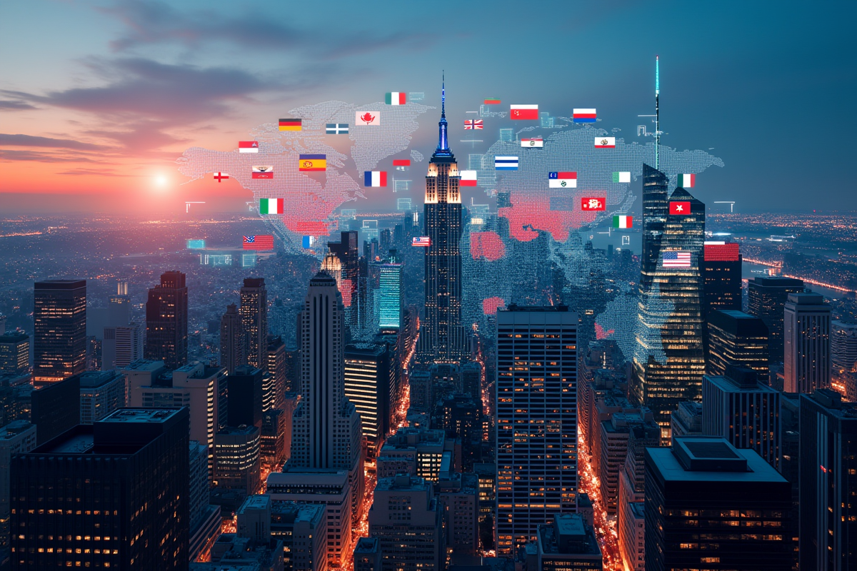 Ciel urbain au crépuscule avec drapeaux et graphiques financiers