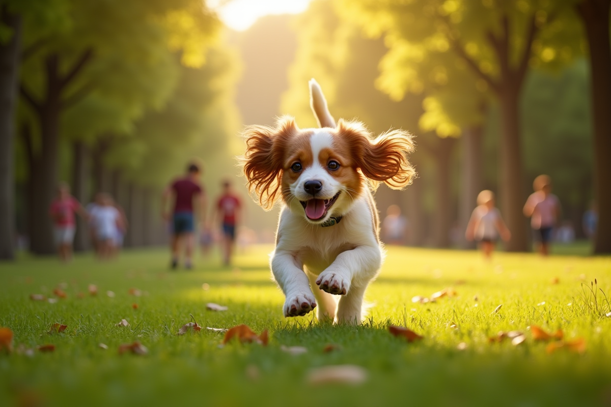 Cocker Spaniel courant dans un parc ensoleille avec enfants