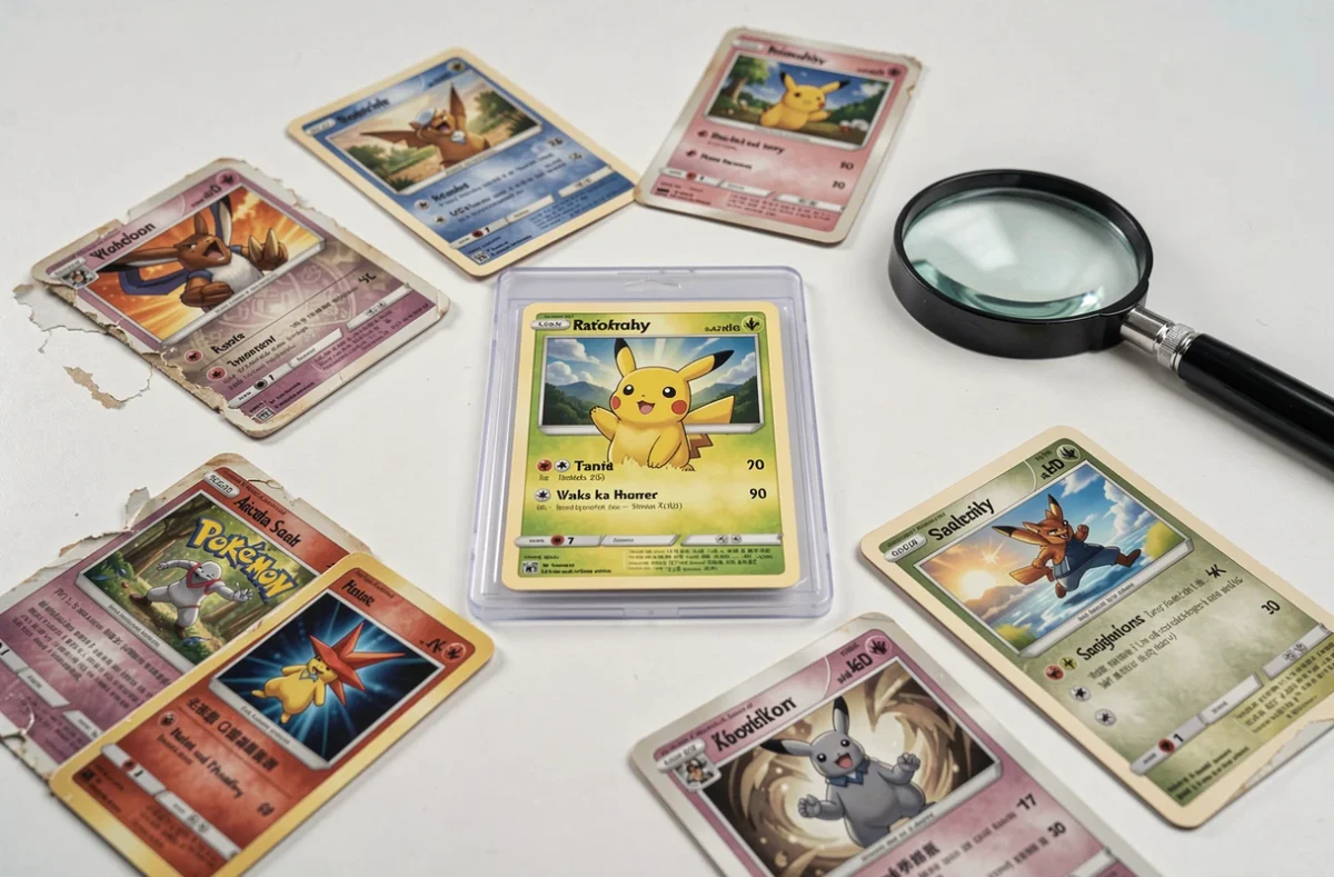 Collection de cartes Pokémon étalées sur une table blanche avec une carte Pikachu rare sous loupe pour expertise