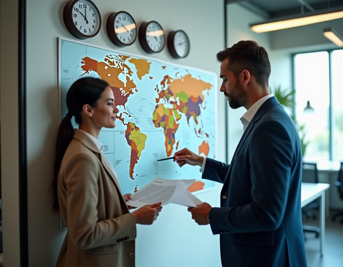 Deux collègues de bureau consultant un fuseau horaire sur une carte du monde avec des horloges internationales pour planifier un appel en Nouvelle-Calédonie