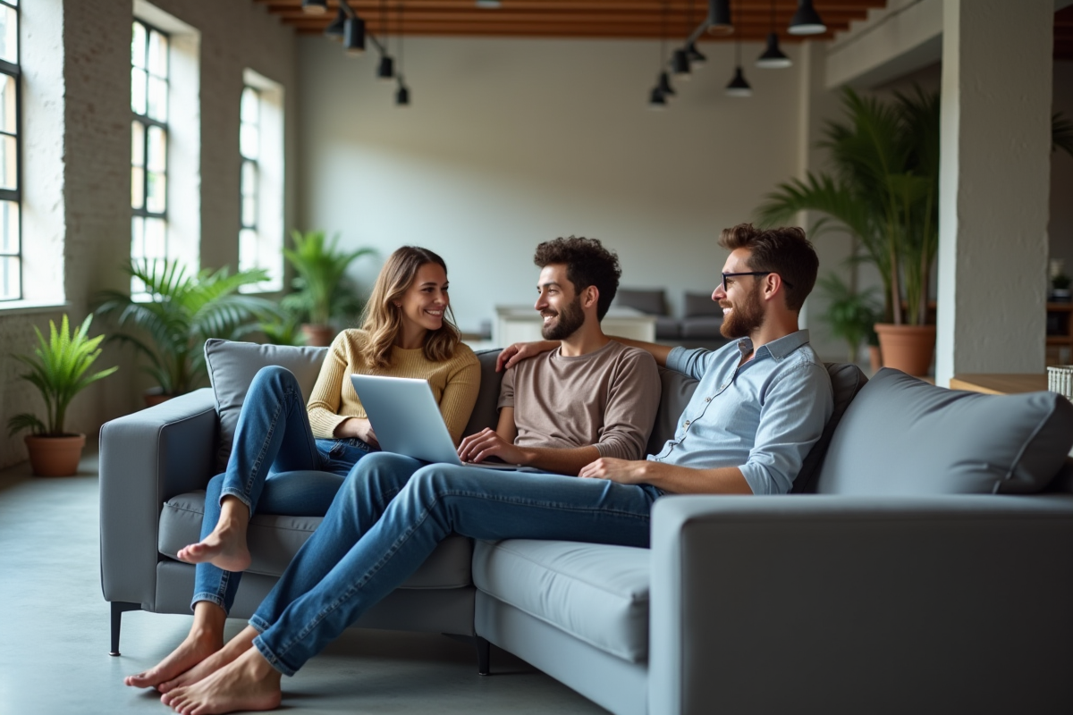Trois colocataires discutant dans un salon moderne et lumineux