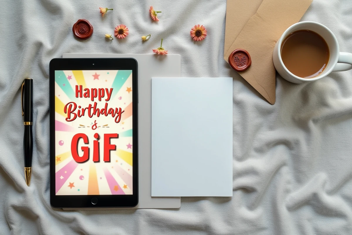 Comparaison entre carte d'anniversaire manuscrite et GIF animé sur tablette, vue de dessus sur fond lin gris