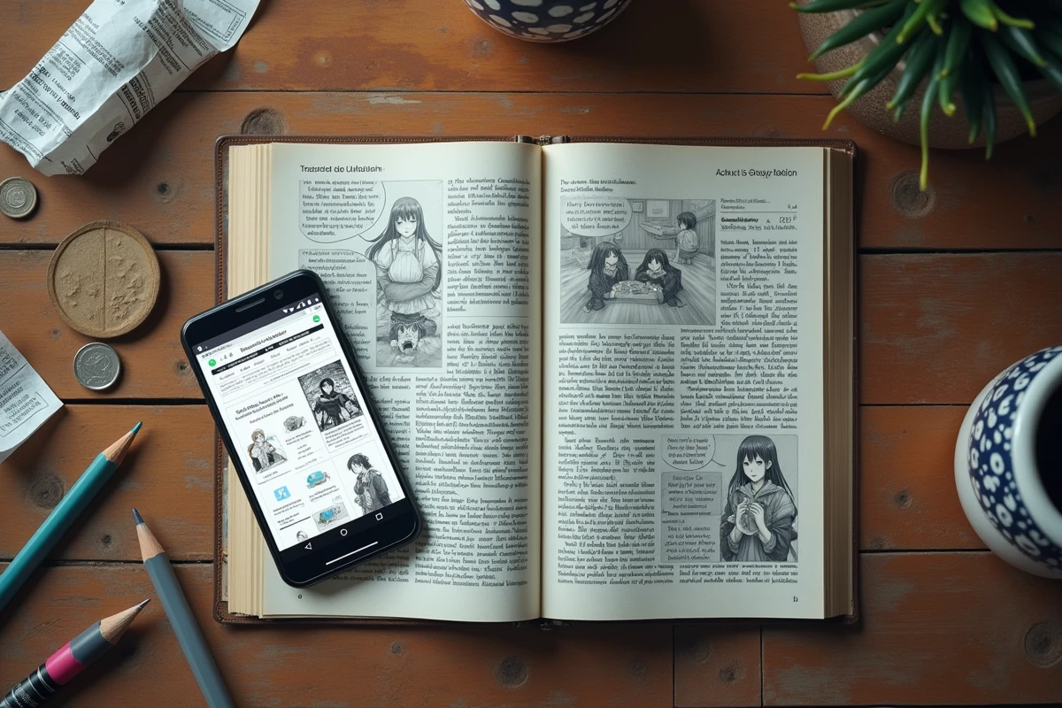 Comparaison entre un scan non officiel sur smartphone et une édition officielle de manga en version papier sur une table