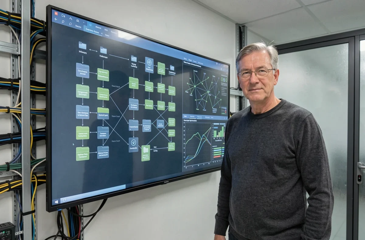 Technicien informatique devant un écran de visualisation de données chiffrées et de traçabilité numérique