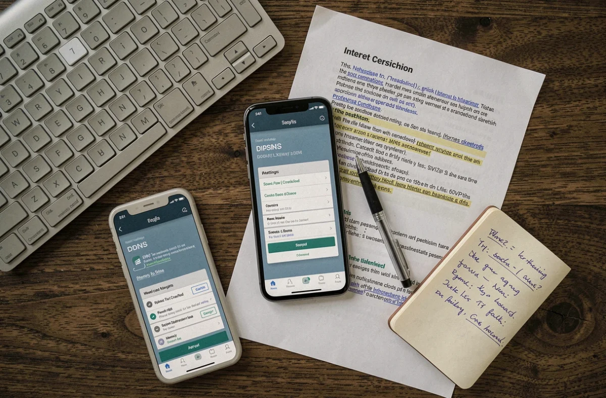 Vue aérienne d'un bureau avec smartphone affichant des paramètres DNS, clavier et documents sur les méthodes de contournement de blocage internet