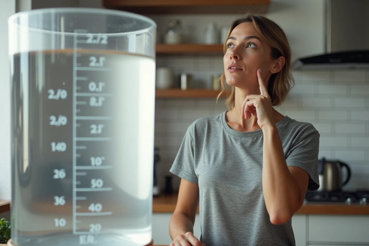 Femme calculant mentalement la conversion de mètres cubes en litres dans une cuisine moderne avec un grand réservoir gradué