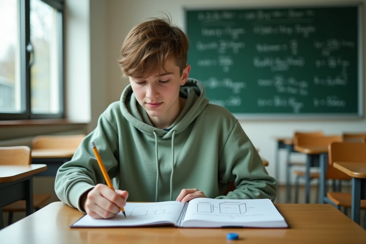 Élève adolescent calculant mentalement la conversion mètres cubes en litres dans un cahier de mathématiques en salle de classe