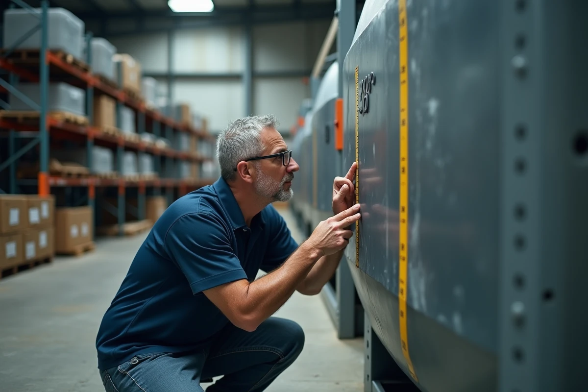 Technicien calculant mentalement la conversion de mètres cubes en litres devant un réservoir industriel cubique en entrepôt