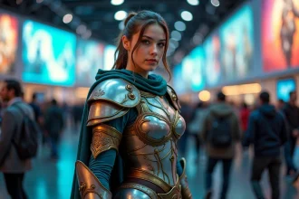 Cosplayeuse en costume féminin de Fortnite avec armure dorée et cape, lors d'une convention de jeux vidéo