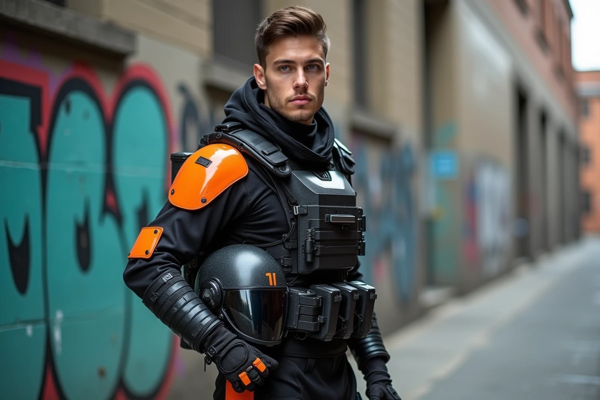 Jeune homme en costume masculin de Fortnite style soldат tactique avec équipement noir et orange dans un décor urbain
