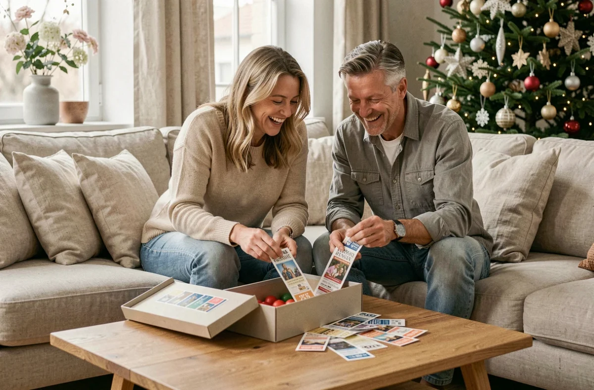 Couple découvrant les tickets du calendrier de l'Avent Française des Jeux dans leur salon