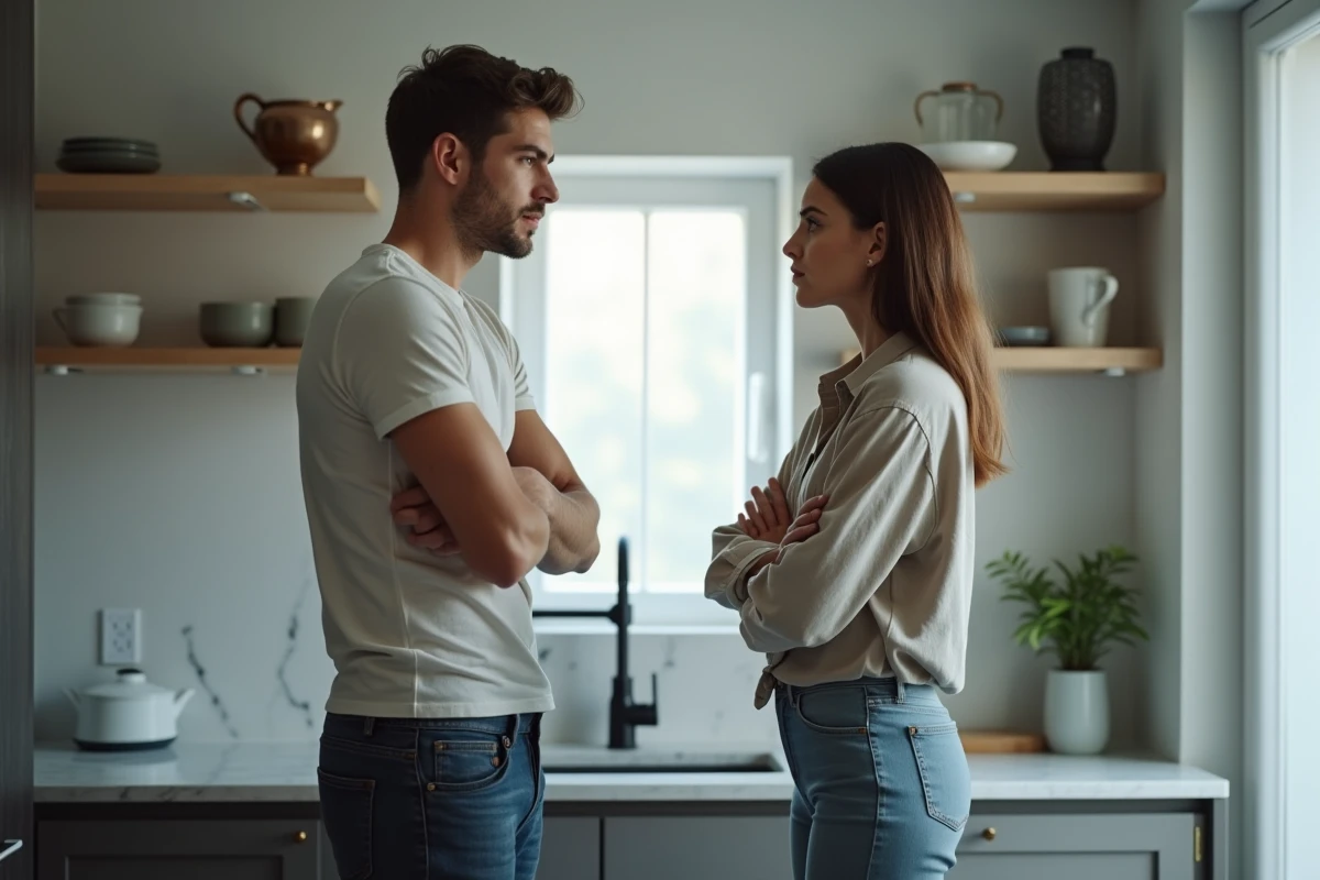 Couple en désaccord dans une cuisine moderne, illustrant le comportement goujat et le manque de respect