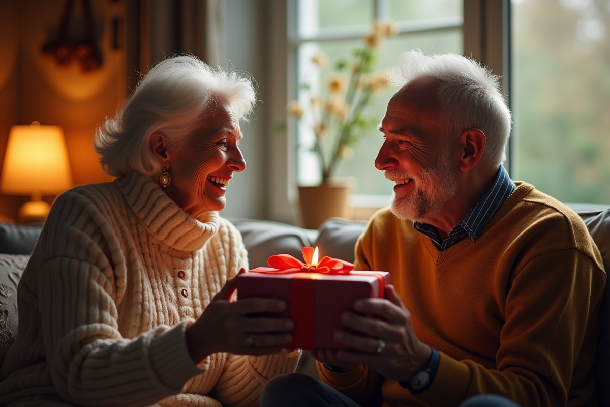 Couple mature échangeant des cadeaux dans un salon chaleureux