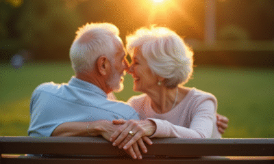 Couple âgé assis sur un banc dans un parc lors du coucher de soleil