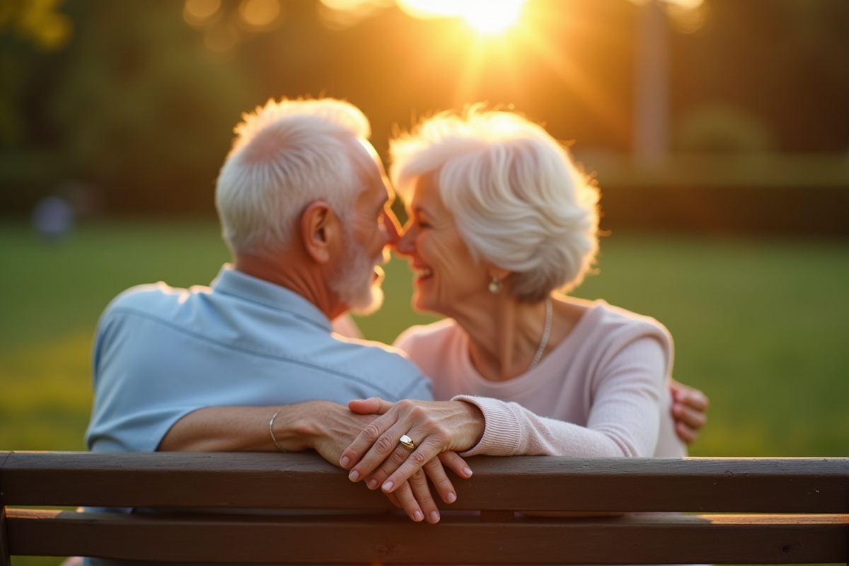 Couple âgé assis sur un banc dans un parc lors du coucher de soleil