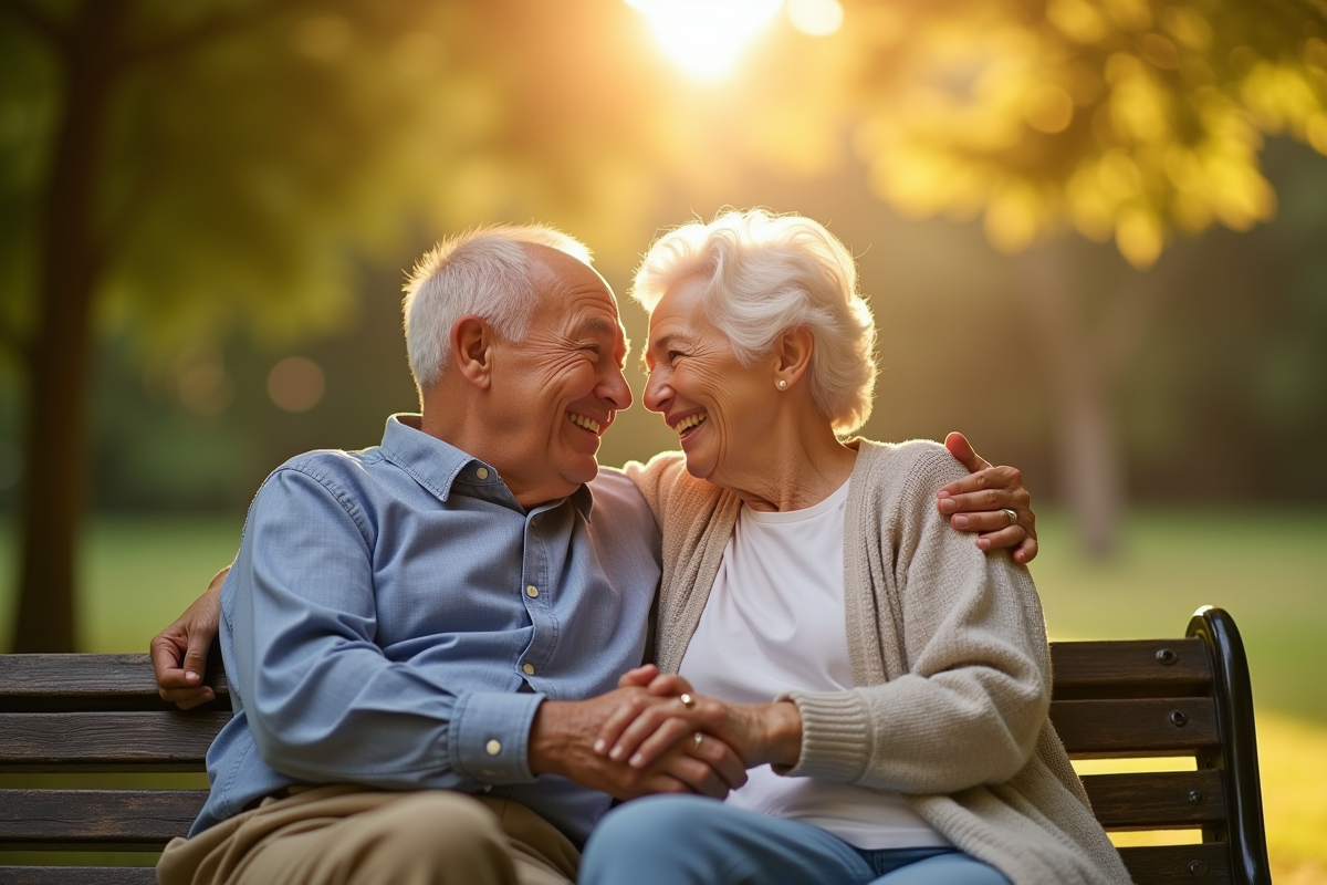 Couple âgé souriant sur un banc en plein air