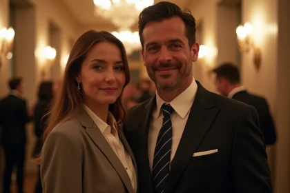 Couple élégant lors d'un événement mondain parisien, l'homme discret aux côtés d'une femme médiatique souriante