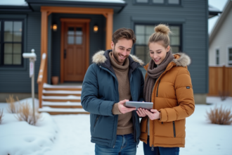 Jeune couple regardant une maison canadienne en hiver