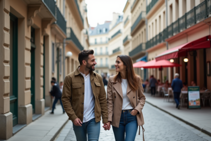 Couple souriant dans la rue de Nantes avec bâtiments historiques