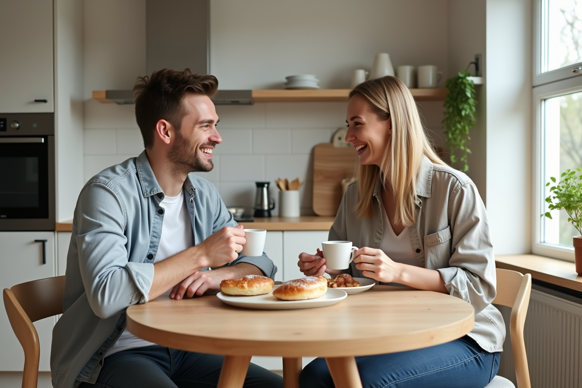 Jeune couple partageant des pâtisseries dans une cuisine nordique chaleureuse