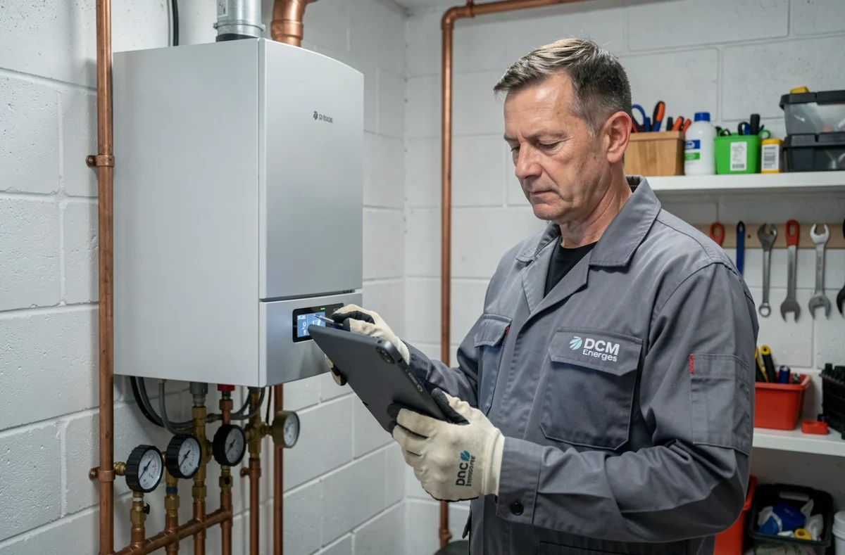 Technicien DCM Energies contrôlant la pression d'une chaudière à gaz dans une chaufferie résidentielle normande