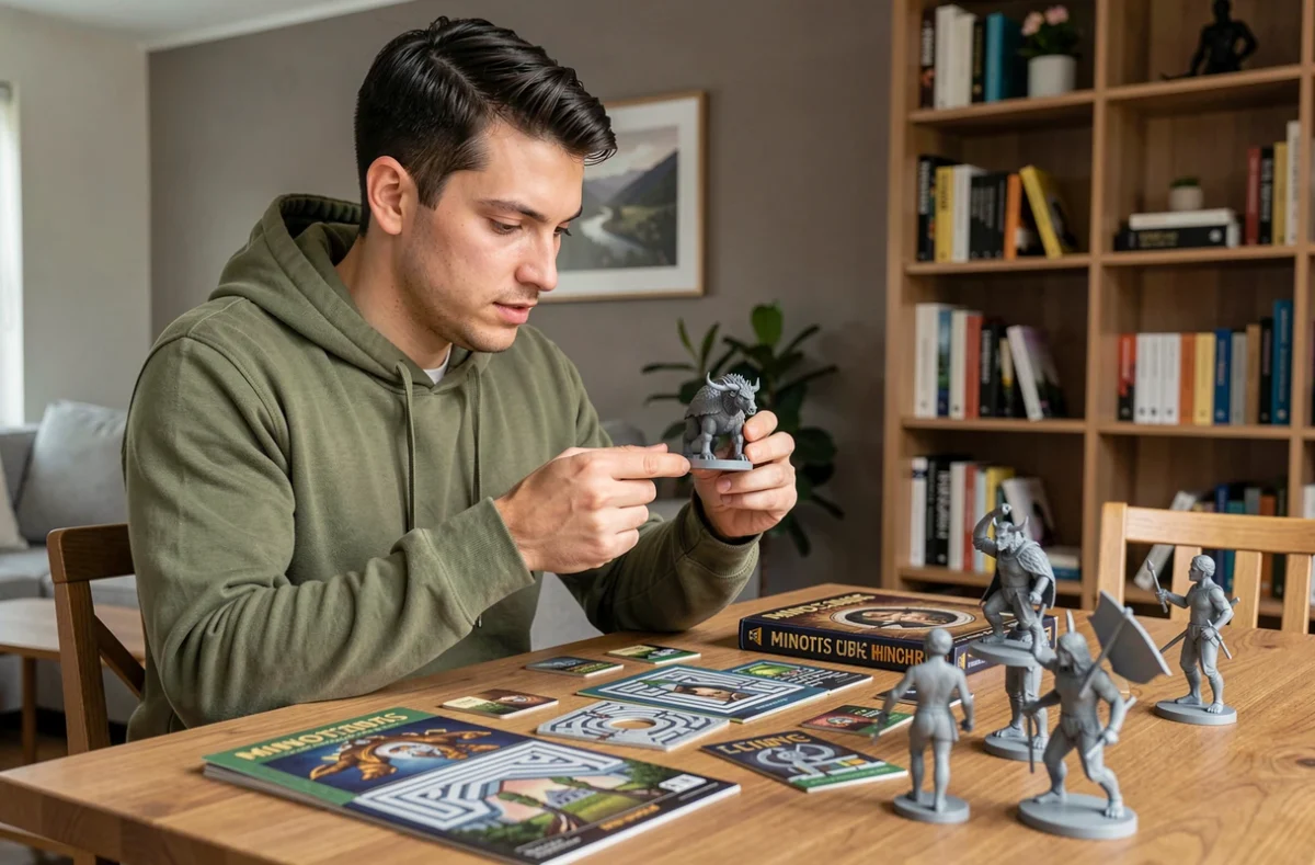 Jeune homme tenant une figurine de Minotaure et découvrant un jeu de plateau de labyrinthe pour débutants