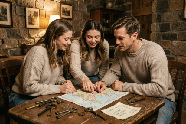 Groupe de débutants en train de résoudre des énigmes dans une salle d'escape game à Lyon avec décor vintage