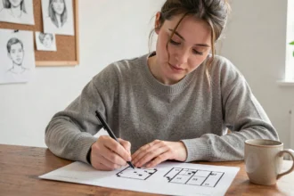 Jeune femme dessinant un pixel art noir et blanc sur papier quadrillé à son bureau en bois