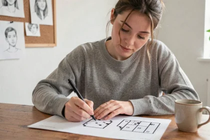 Jeune femme dessinant un pixel art noir et blanc sur papier quadrillé à son bureau en bois