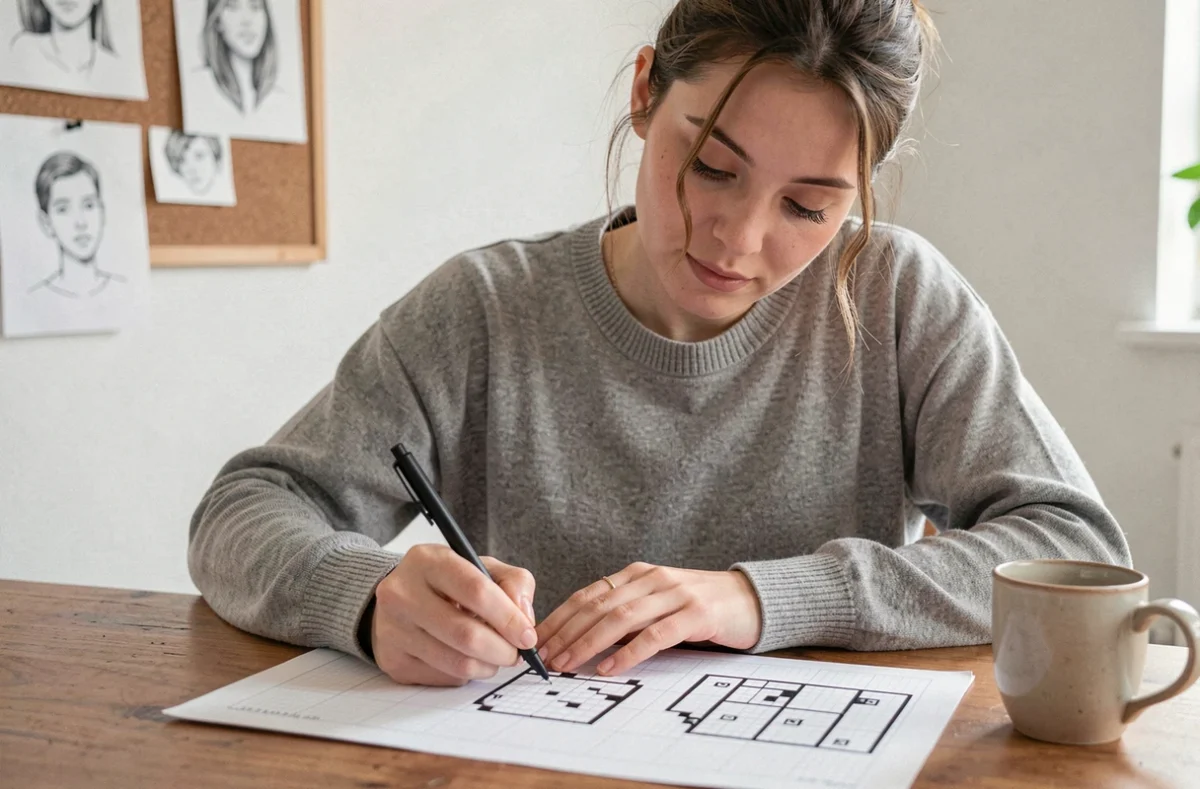 Jeune femme dessinant un pixel art noir et blanc sur papier quadrillé à son bureau en bois