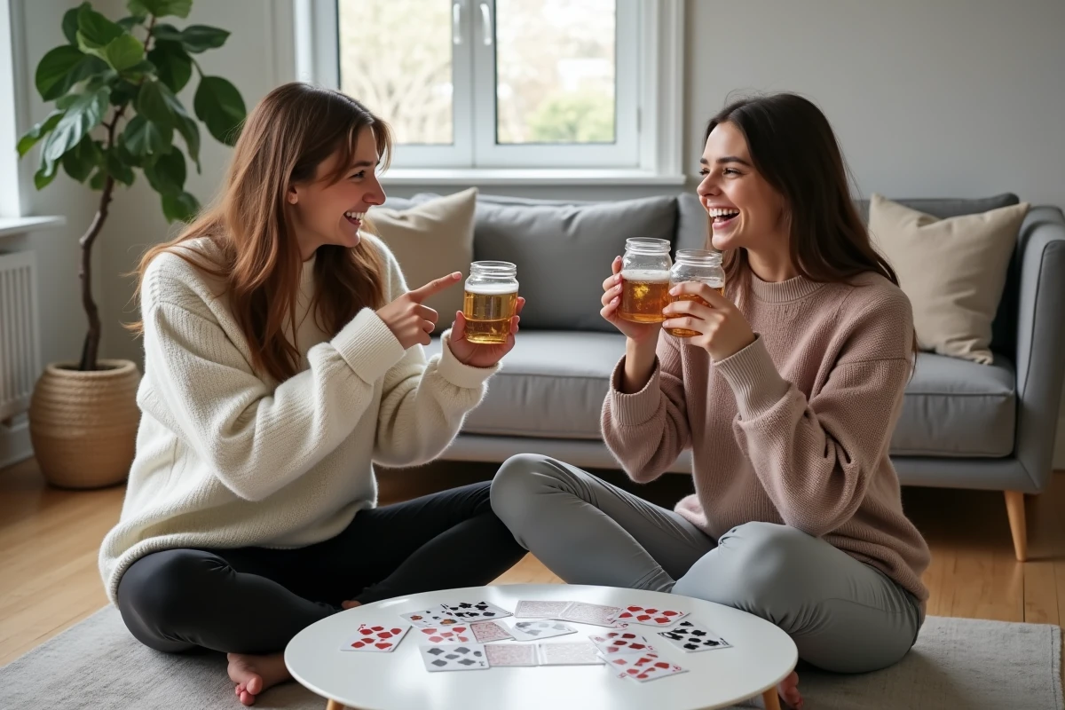 Deux jeunes femmes jouant au jeu de cartes à boire Palmier Règle sur un canapé dans un salon moderne