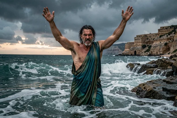 Reconstitution photographique d'un dieu grec de la mer aux traits puissants, drapé de tissu mouillé, se tenant debout dans les vagues d'une mer déchaînée sur une côte rocheuse méditerranéenne