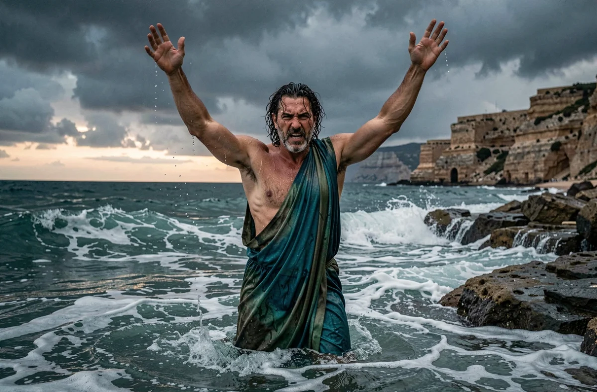 Reconstitution photographique d'un dieu grec de la mer aux traits puissants, drapé de tissu mouillé, se tenant debout dans les vagues d'une mer déchaînée sur une côte rocheuse méditerranéenne
