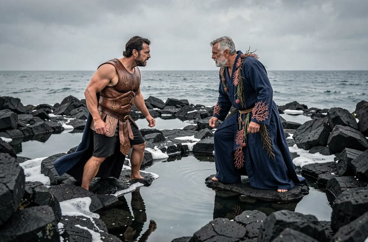 Deux hommes incarnant des divinités grecques de la mer en confrontation dramatique sur une côte de basalte volcanique noir, leurs costumes mythologiques contrastés évoquant la rivalité divine des dieux marins
