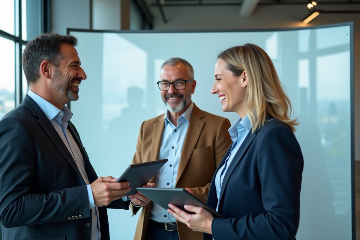 Trois collègues souriants devant un tableau digital