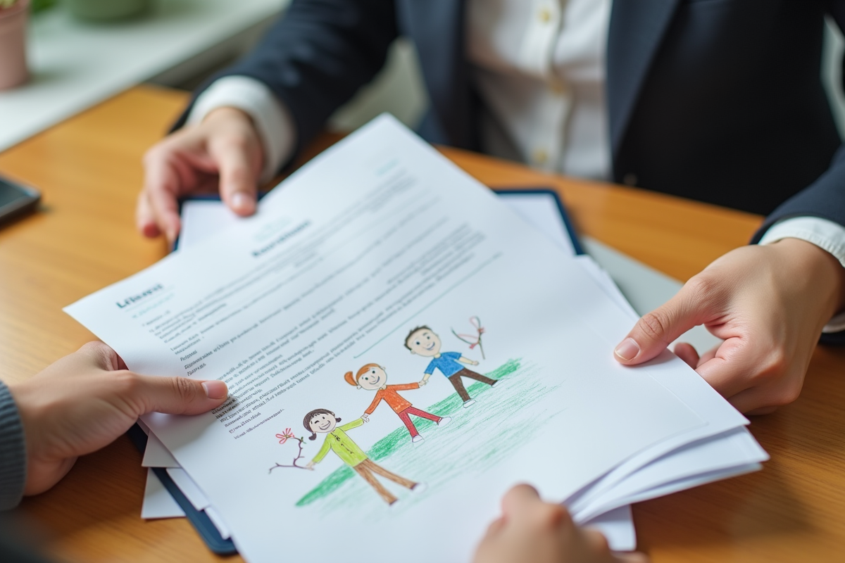 Mains tenant des papiers officiels et un dessin d