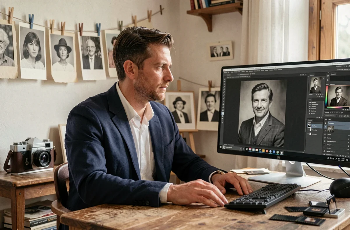Donatien Millet photographe assis à son bureau de retouche entouré de tirages et de négatifs dans un studio français chaleureux