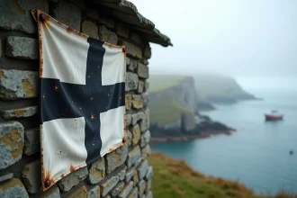Drapeau breton Gwenn-ha-Du accroché sur un mur en granit d'une ferme traditionnelle de Bretagne avec vue sur la côte atlantique