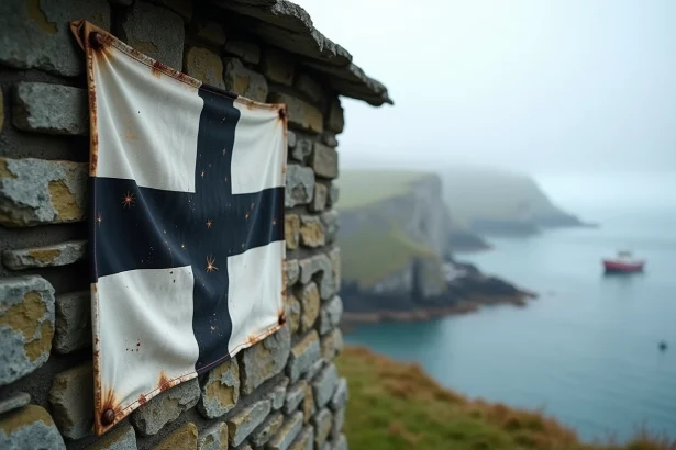 Drapeau breton Gwenn-ha-Du accroché sur un mur en granit d'une ferme traditionnelle de Bretagne avec vue sur la côte atlantique