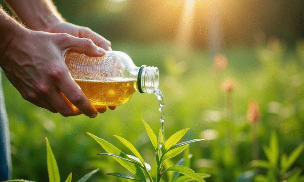 Main versant de l'eau naturelle sur des mauvaises herbes en plein jour