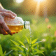 Main versant de l'eau naturelle sur des mauvaises herbes en plein jour