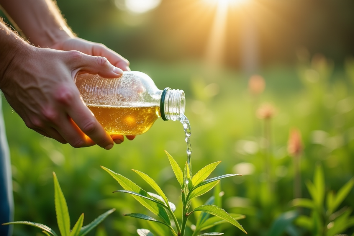 Main versant de l'eau naturelle sur des mauvaises herbes en plein jour