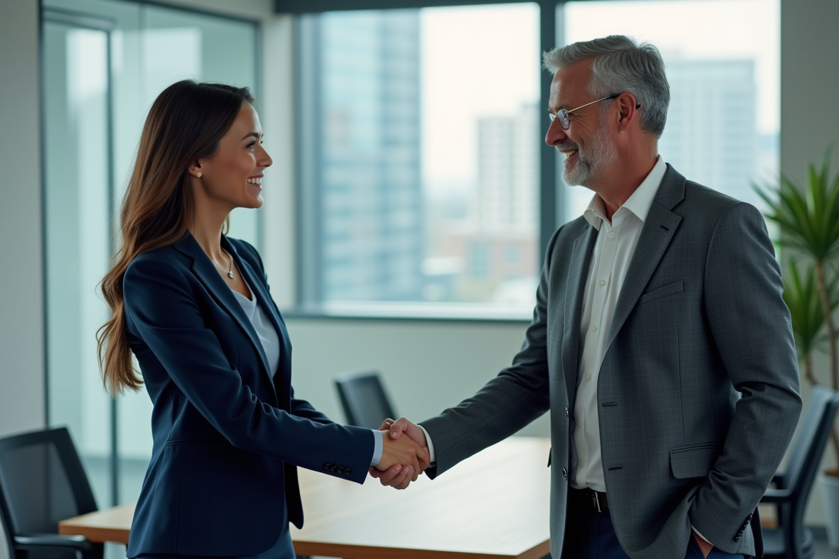 Deux professionnels se serrant la main dans une salle moderne