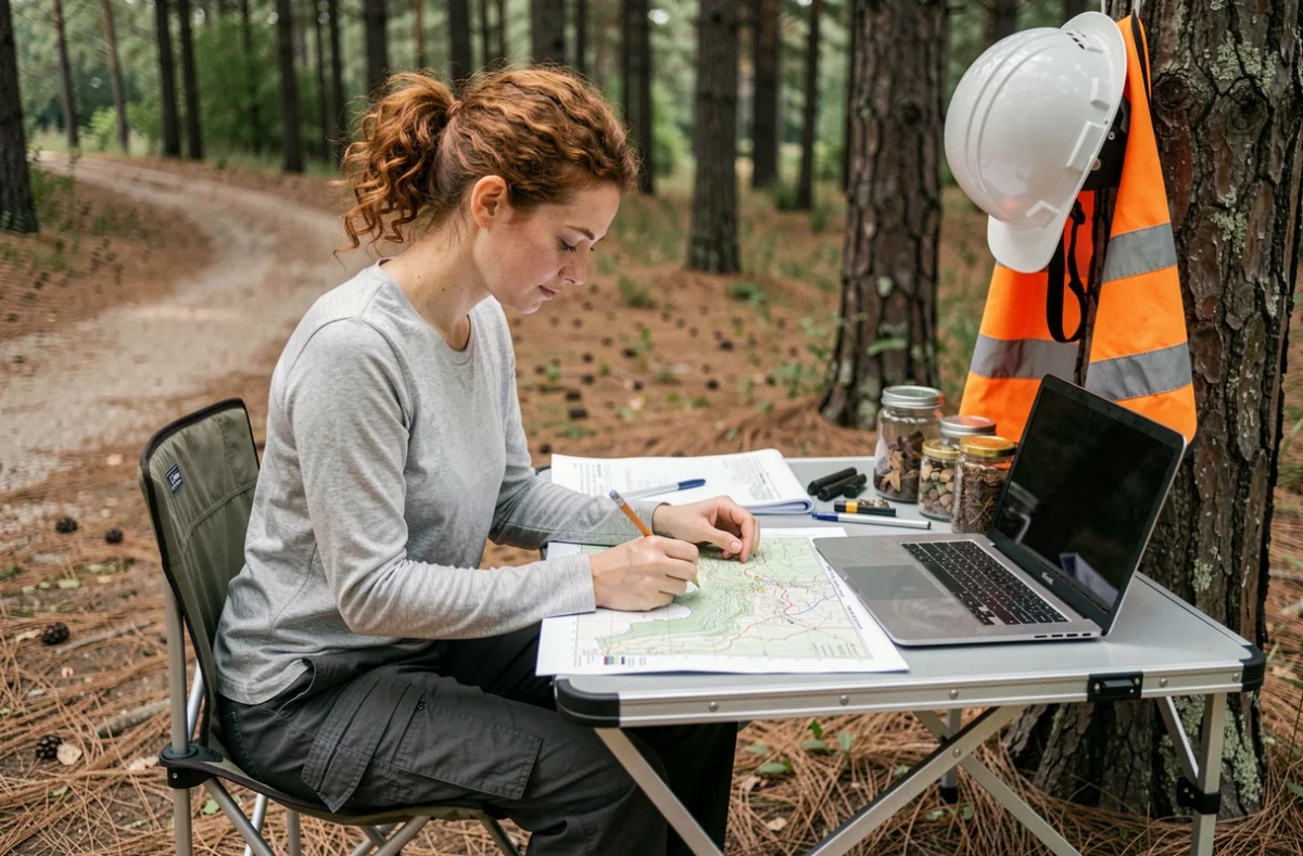 Écologue femme analysant une carte topographique sur le terrain en lisière de forêt de pins