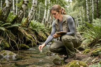Écologue femme prélevant un échantillon d'eau dans un ruisseau forestier lors d'une mission de terrain