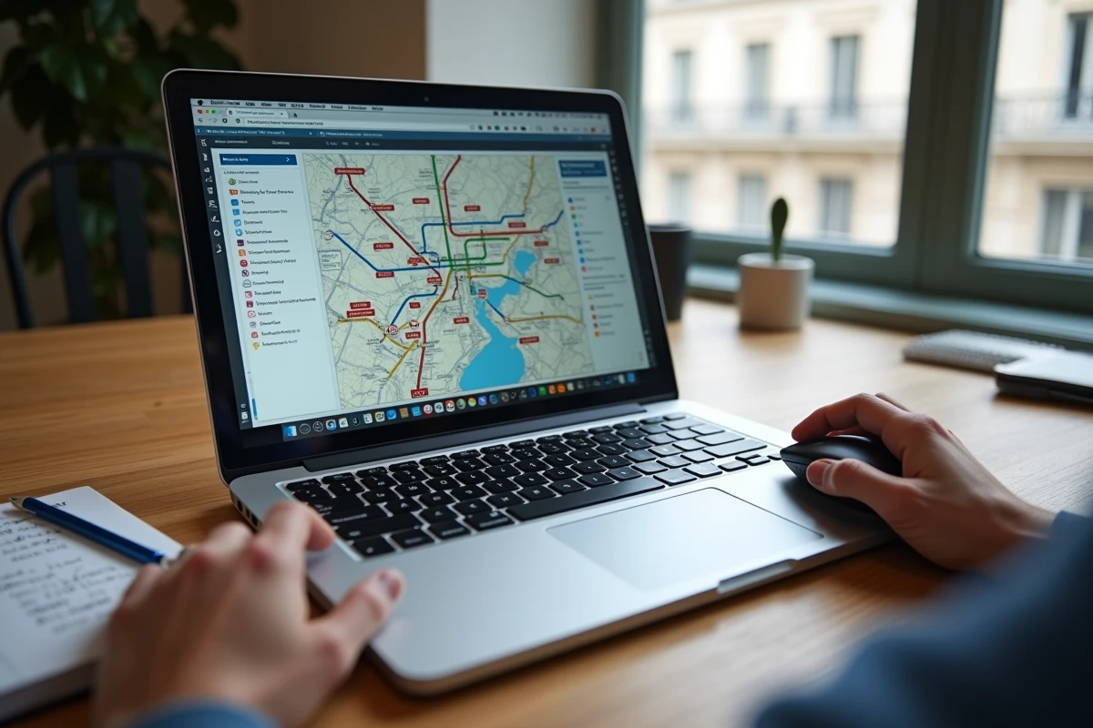 Écran d'ordinateur affichant un plan PDF haute définition de la ligne 9 du métro parisien